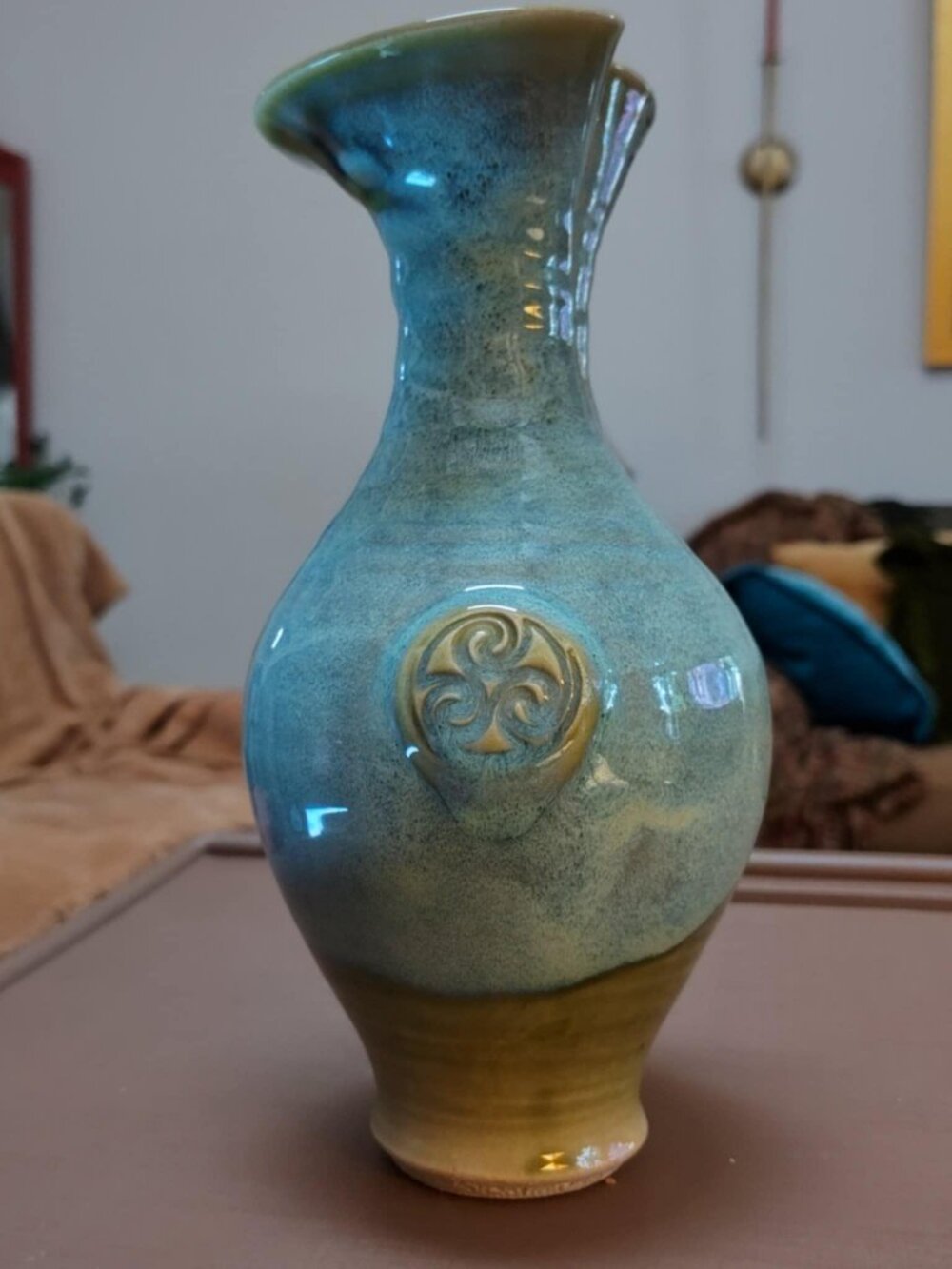 Colm De Ris Ceramic‎ Pottery Vase Green Blue Glaze Celtic Triskelion Ireland 10"